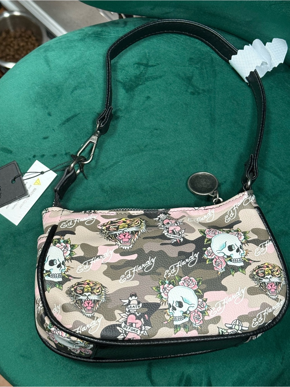 Ed Hardy Pink Camo Skull & Tiger Shoulder Bag with Black Strap